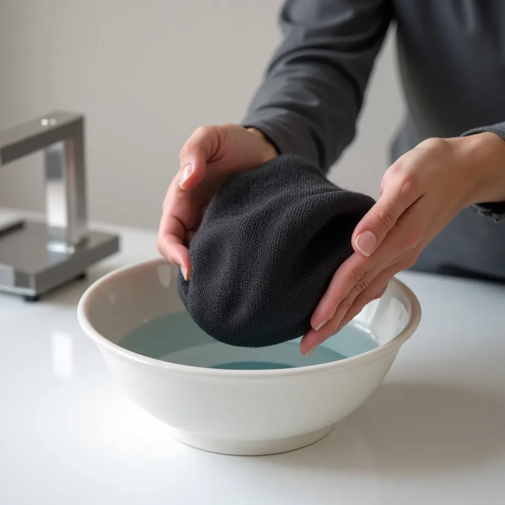 Hands gently washing a charcoal beanie in a basin of cool water with care instructions visible