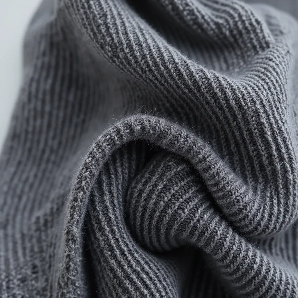 Close-up detail of fine ribbed merino wool texture showing the smooth surface and knit pattern of the beanie material