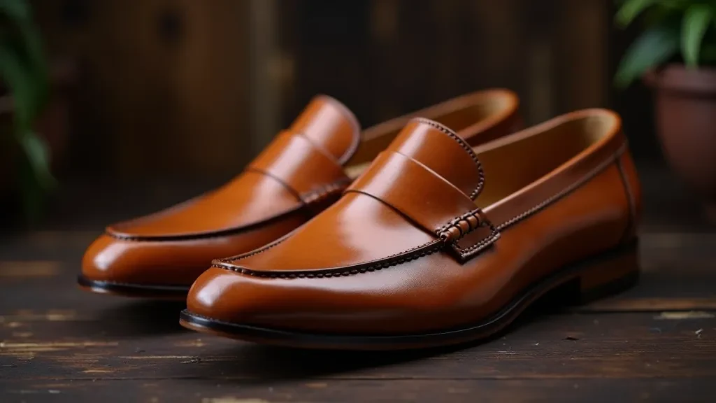 Cognac leather slip-on loafers displayed on wooden surface