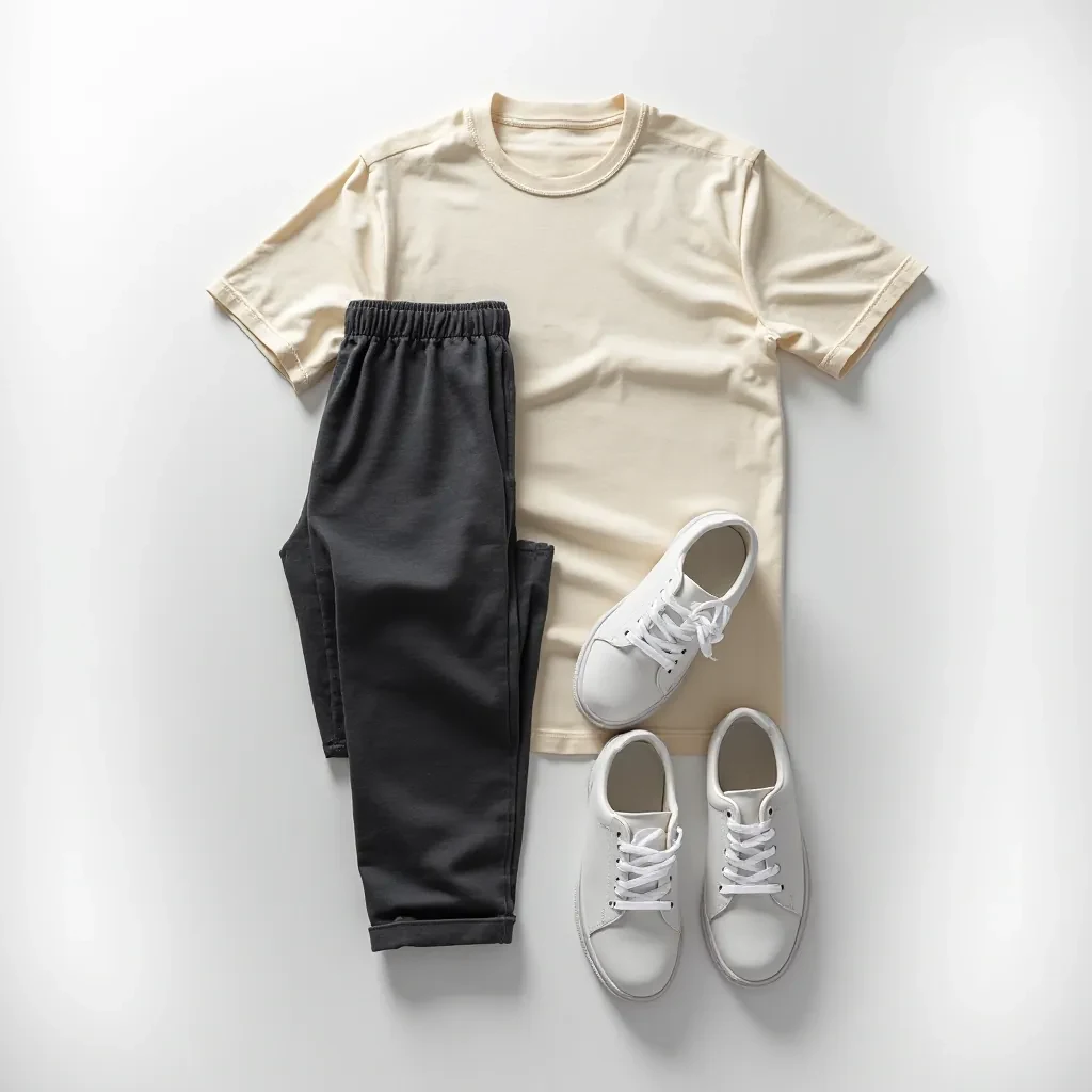 Styled flat lay showing charcoal joggers paired with cream crew neck tee and white sneakers on neutral background